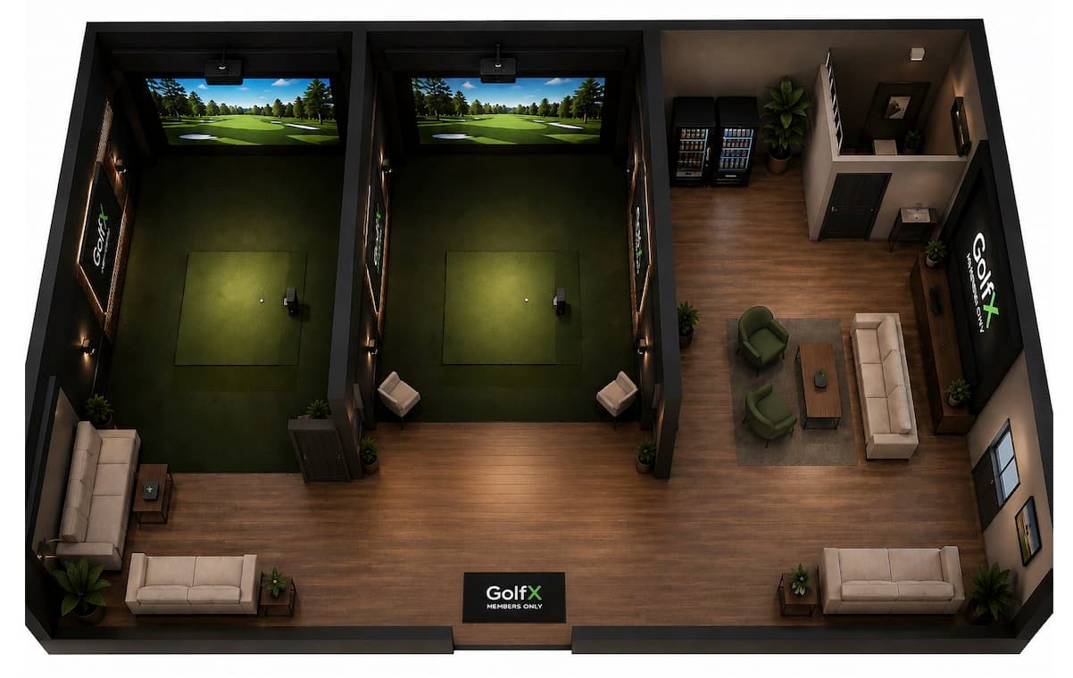 Rendering of the Wrentham members location — two simulator bays and a lounge